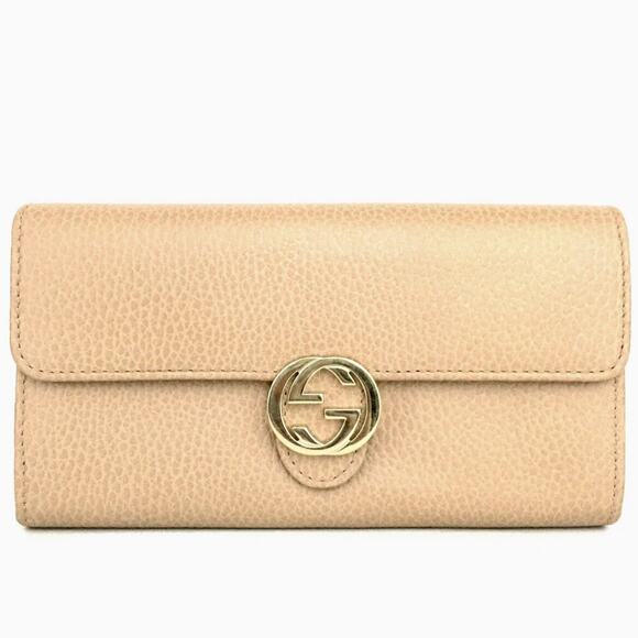 Authentic GUCCI Interlocking GG Beige Leather Long Bifold Wallet Purse - Picture 1 of 7